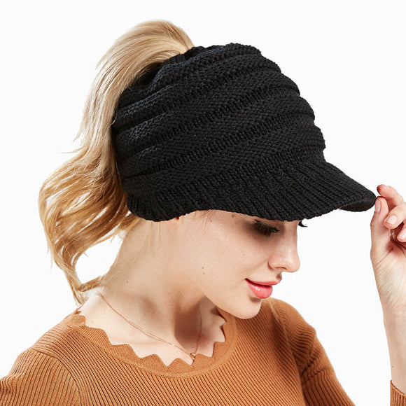 Women Ponytail Cover Beanie Winter Hats Stretchy Knitted Solid Color Hip-Hop Skullies Beanie Warm Cap TT@88 - ASUS