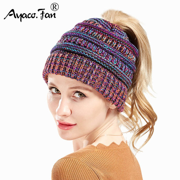 Ponytail Beanie Winter Hats for Women Crochet Knit Cap Skullies Beanies Autumn Warm Caps Female Patchwork Knitted Hat New Ladies - ASUS