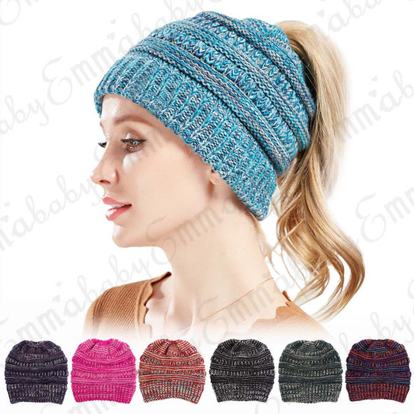 Hirigin Harajuku Women's Girl Stretch Knit Hat Messy Bun Ponytail Beanie Holey Warm Hats Winter Couple Beanies - ASUS